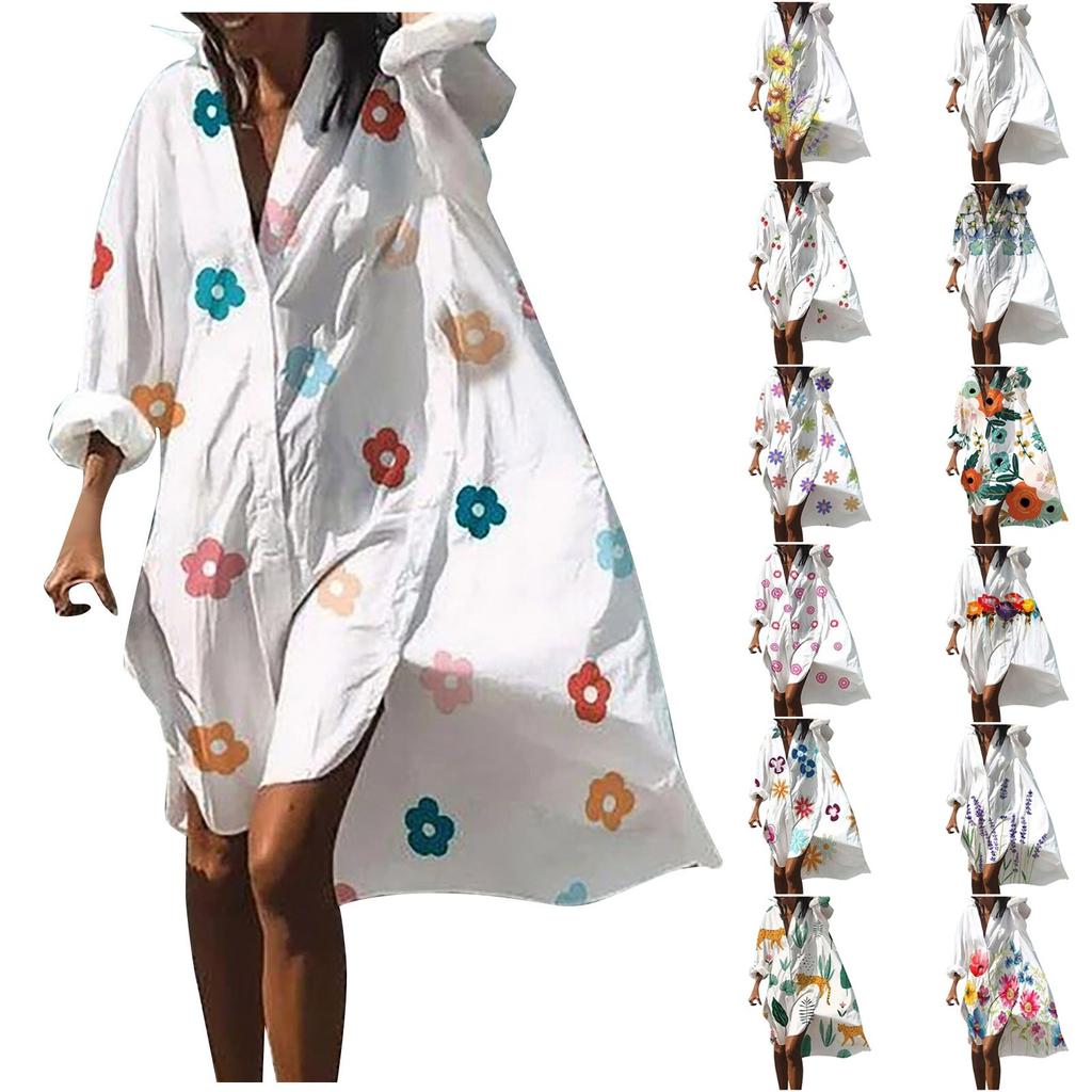 Fashion Women Floral Print Long Sleeves Buttons Cardigan Loose Shirt Dress