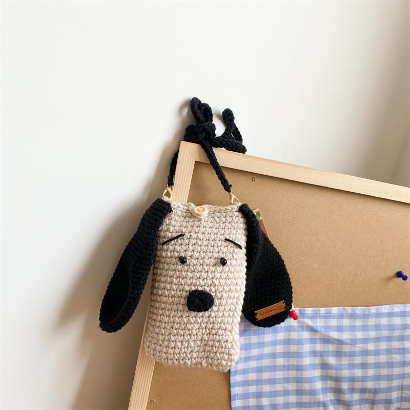 

Adorable Knitted Dog Pattern Crossbody Bag For Kids Stylish Unisex Accessory In Brown And Black