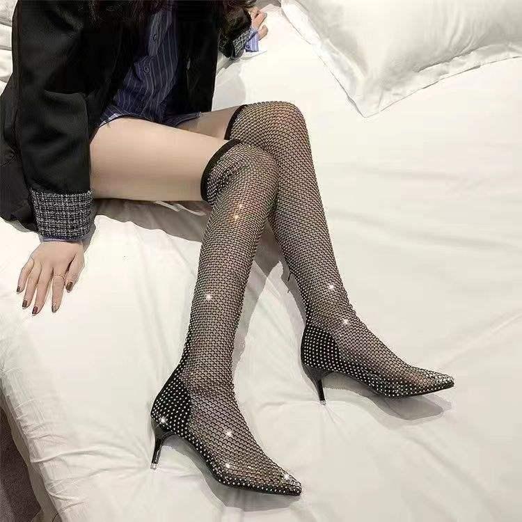 Cizme Stiletto Peste Genunchi din Plasă cu Strasuri pentru Celebrități pe Internet, Pantofi de Modă pentru Femei