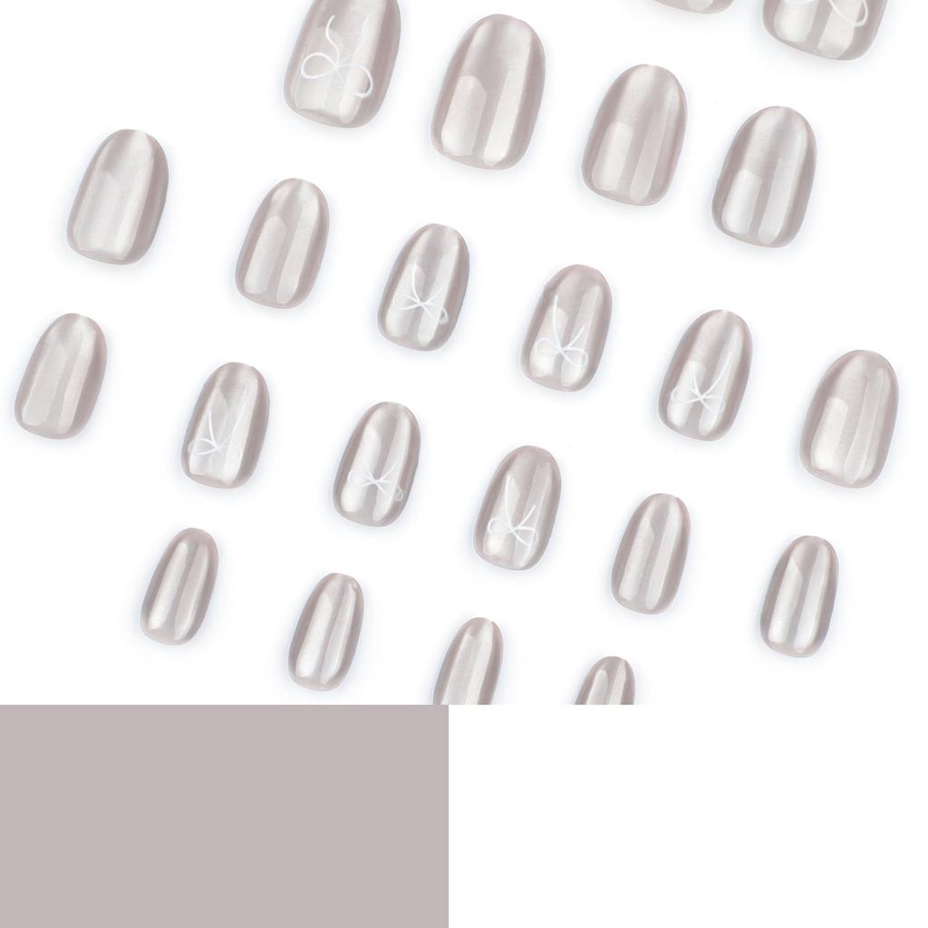 Autumn and winter senior gray cat eye wearing nail simple solid color short round manicure fake nail bow wearing nail piece