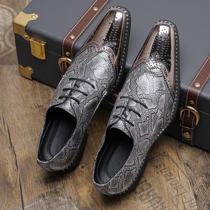 Large Size Local Tyrant Golden Snake Pattern Lace-up Pointed Leather Shoes 2025 Spring and Autumn Business Brock European and American Fashion Leather