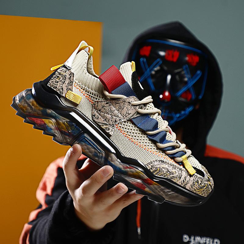 Internet Celebrity Thick-soled Dad Shoes Men's Summer Korean Style Trendy Casual Shoes Large Size Breathable Flying Knitted Sports Shoes Running Shoes