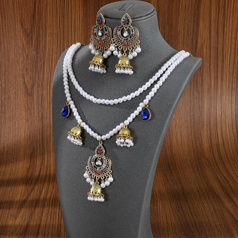 Double-layer Pearl Tassel Bell EarringsNecklace Set Courtly Style Jewelry