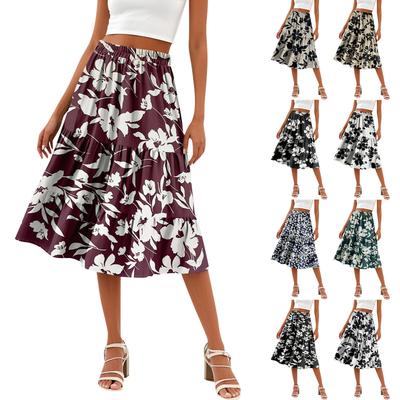 Saia feminina casual cintura alta evasê com estampa de bolinhas e listras e bolsos
