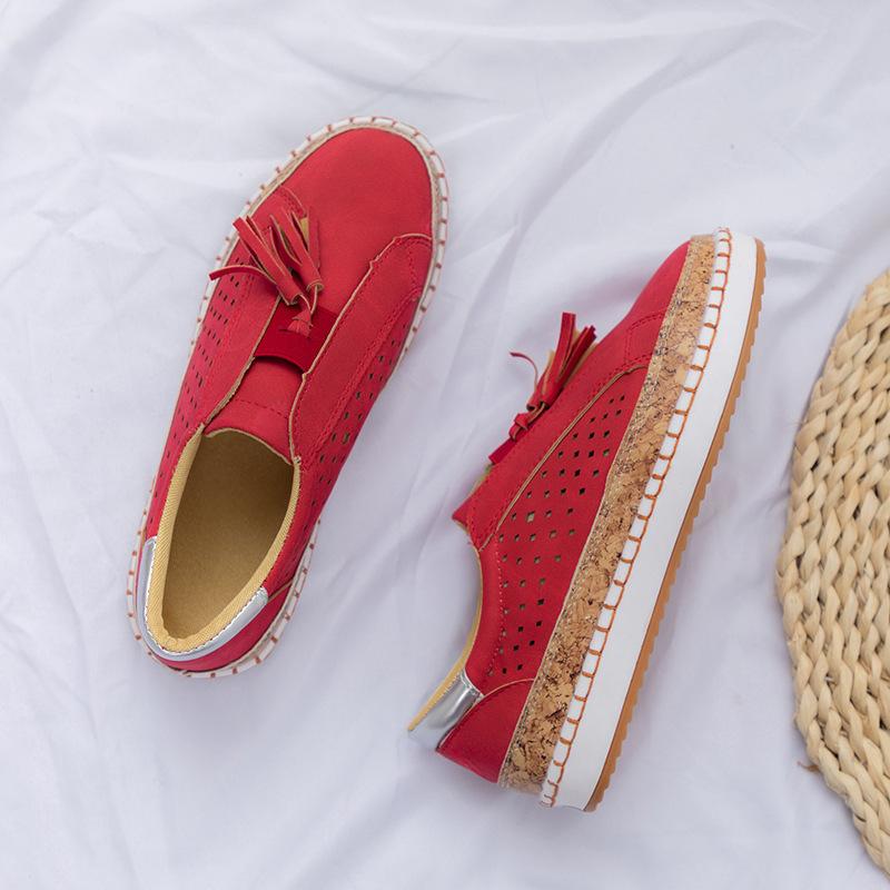 Large size women's shoes summer new retro round head elastic hollow single shoes casual tassel flat baseplate shoes