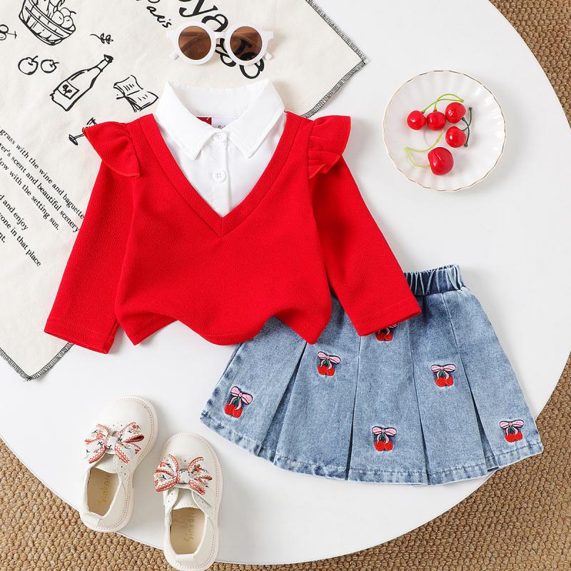 Spring and Autumn New Style Infant Toddler Girl Red Long Sleeve + Cherry Print Denim Skirt Set