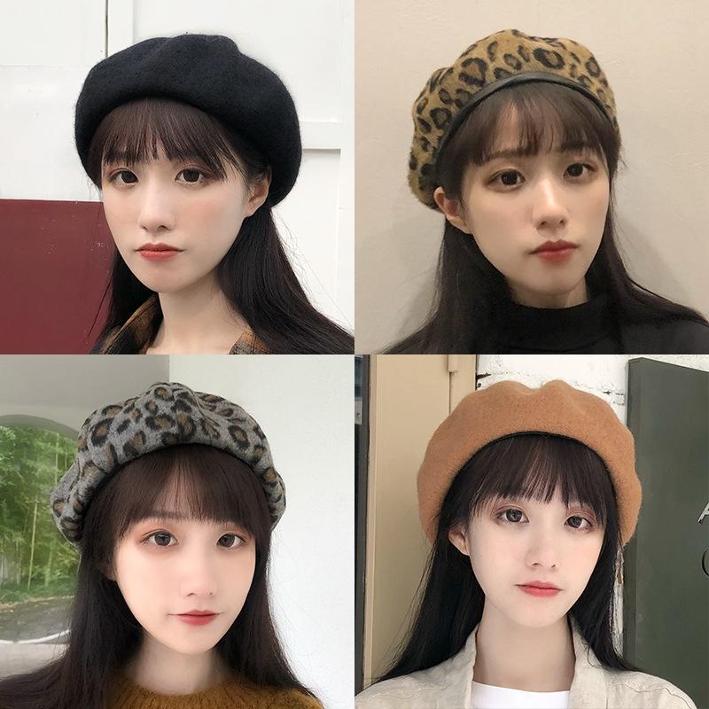 Autumn and Winter Cute Versatile Wool Leopard Print Beret Female Tide British Bud Painter Hat Winter