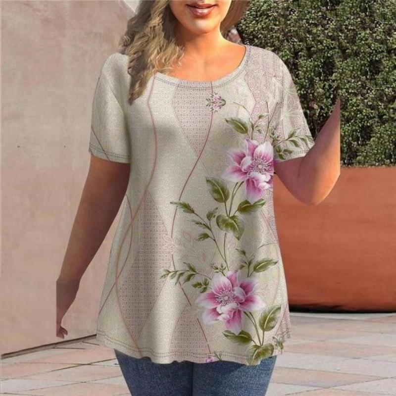 Summer Round Neck 3D Floral Butterfly Printed Top Fashionable Casual Short Sleeved Women's Plus SizeT-shirts