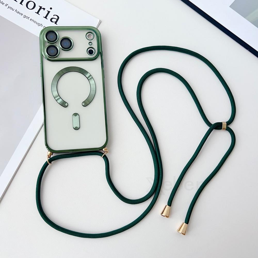 Crossbody Necklace Lanyard Plating Magnetic Case For iPhone 17 Pro Max 16 15 13 12 14 Plus Clear For Magsafe Soft Silicone Cover
