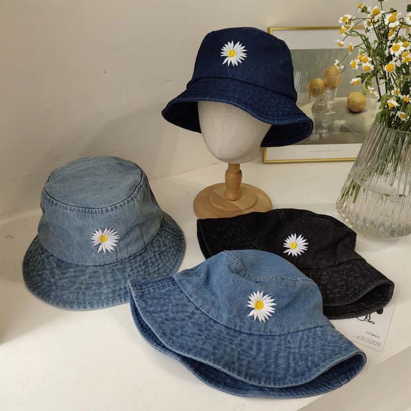 Fashionable Daisy Fisherman Cap Women's Summer Sun Hat Japanese Style Wide Brim Denim Bucket Hat Men's Sun Protection Cap
