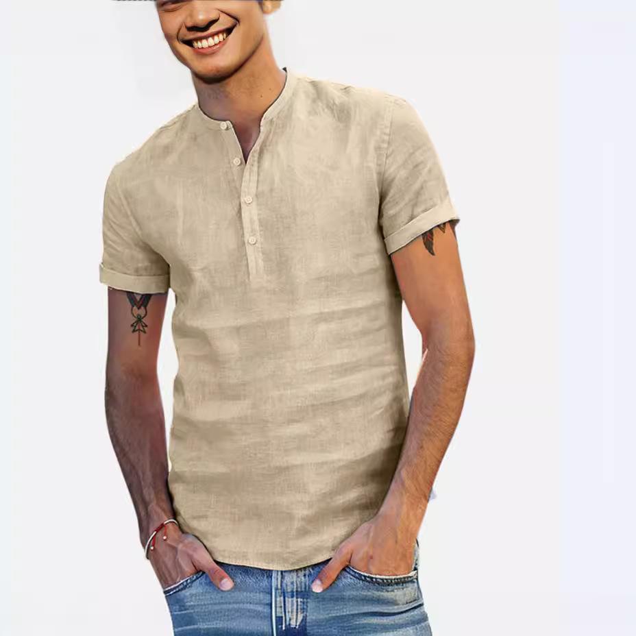 Men Cotton Linen Shirt Men Henley Neck Pocket Casual Beach Short Sleeve Solid Color Male Tops T-shirts Vintage Streetwear