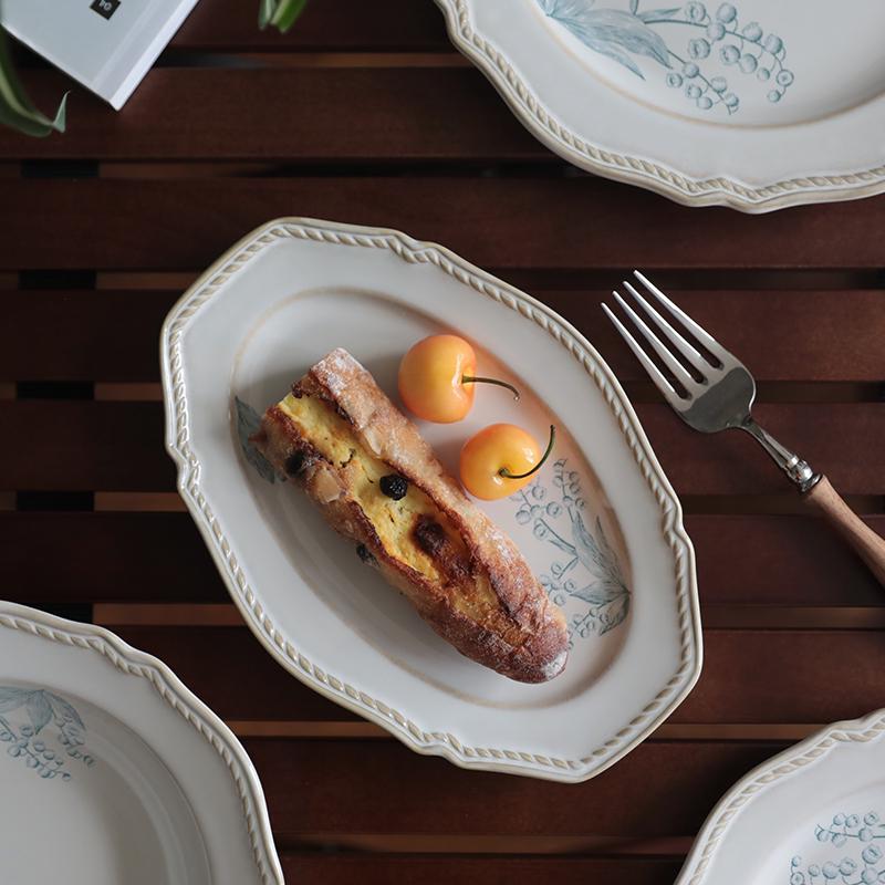 French Retro Lily of the Valley Tableware Set: Ceramic Dinner Plates, Rice Bowls, Steamed Fish Plates, and Household Dish Set.
