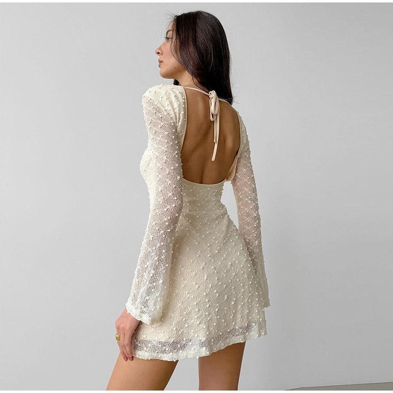 Elegant Backless Slim Dress Women Lace Up Round Neck Long Sleeved Dresses Summer High Waist Fashion Pullover Mini Short Dress