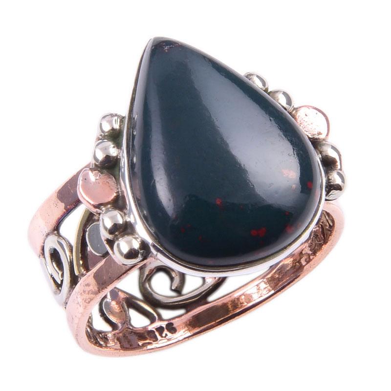 Natural Bloodstone Gemstone 925 Sterling Silver Jewelry Two Tone Ring S.7.5 A9S58