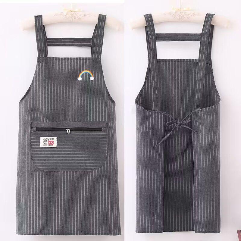 Kitchen Oil Resistant Apron Striped Zippered Linen-Cotton Apron With Straps Breathable Apron Women'S Dirt Resistant Work Clothes