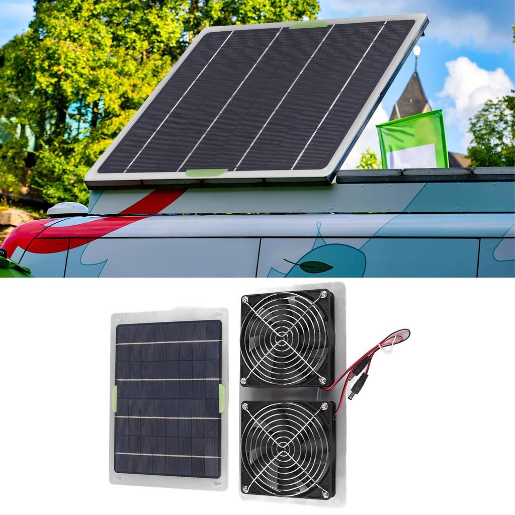 Solar Panel Powered Fan 2 Fans 100W 20V Green Energy Portable Convenient Mini Ventilator for Dog Pet