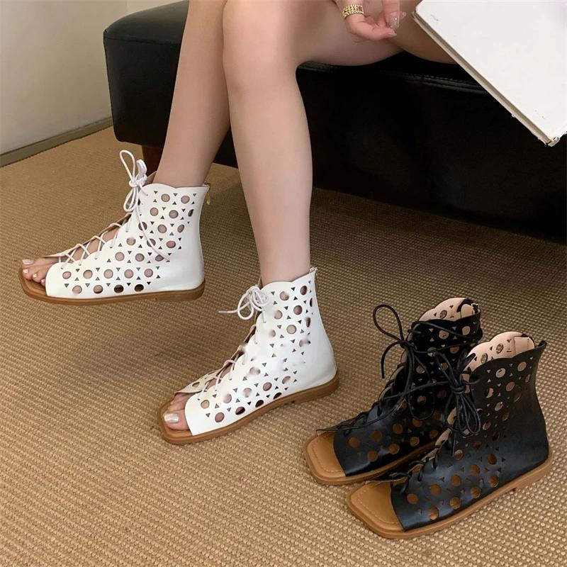 Módní Eilyken Módní Design Duté Ploché Podpatky Sandály Kozačky Dámské Letní Gladiator Otevřená Špička Zip Party Šaty Boty