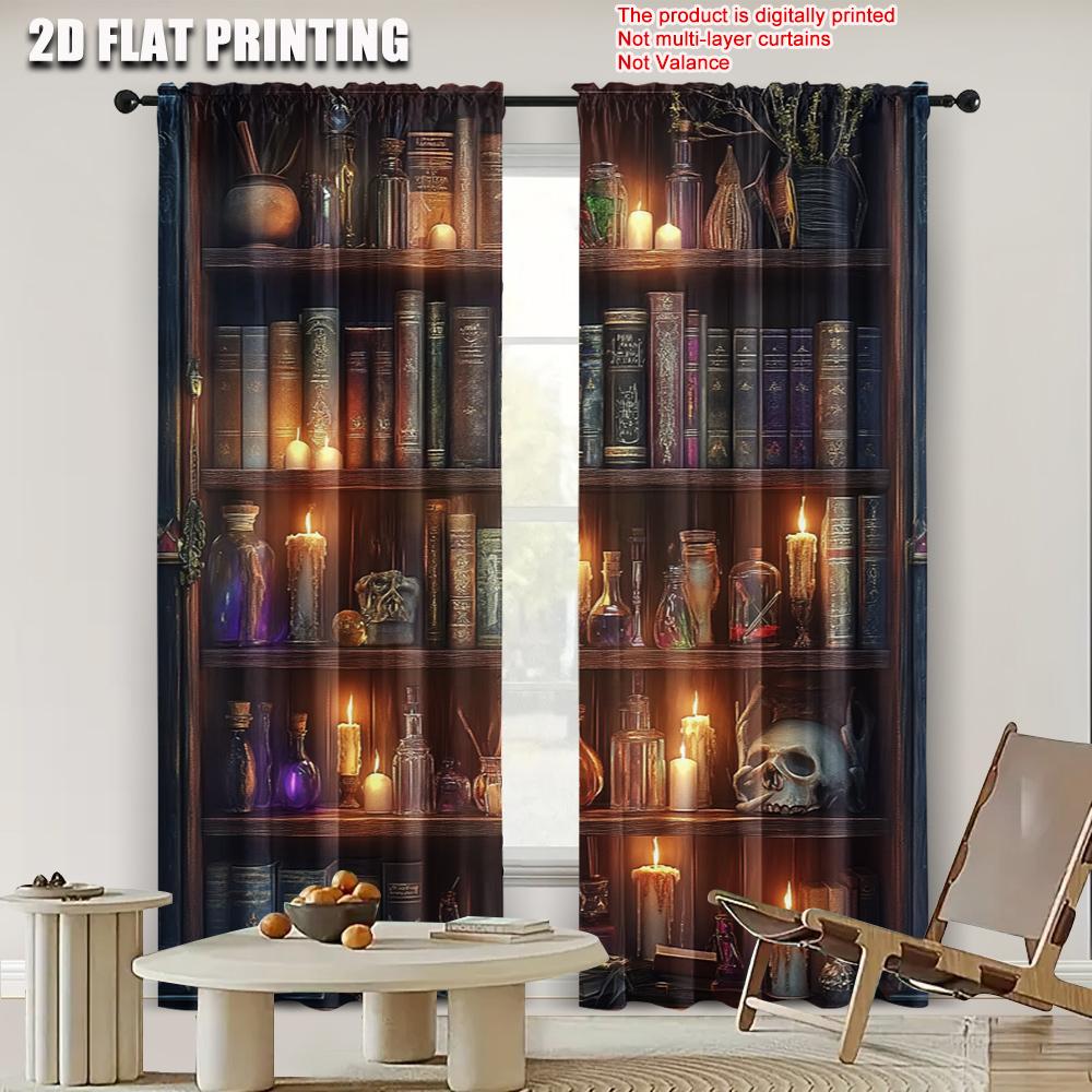 2pcs   Spring Summer Curtains Occult Bookshelf Magic Potions Candles Light Filtering Sheer Curtains Polyester Holiday for