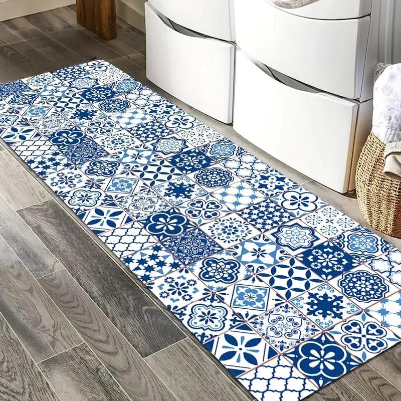 Tapis de Sol de Cuisine Moderne en Carrelage Céramique Bleu Décoration Couloir de Cuisine Balcon Tapis Tapis de Buanderie Salle de Bain Tapis de Porte Antidérapant Décoration