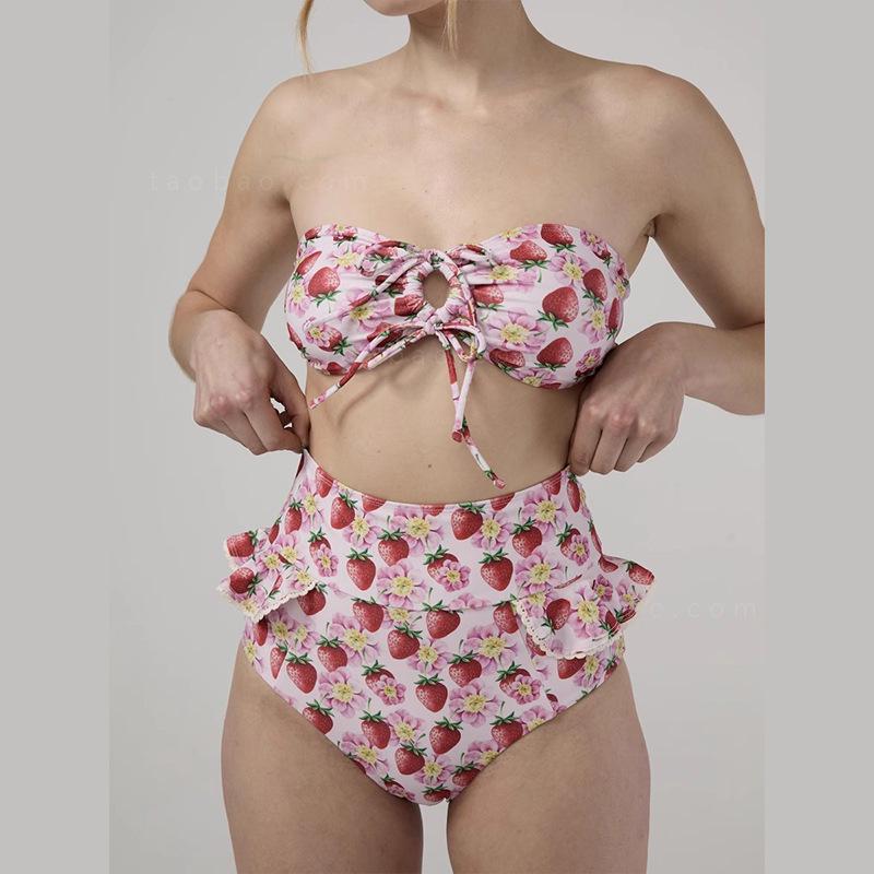 

Thailand Strawberry Pattern High-Waist Tummy Control Bandeau Swimsuit M