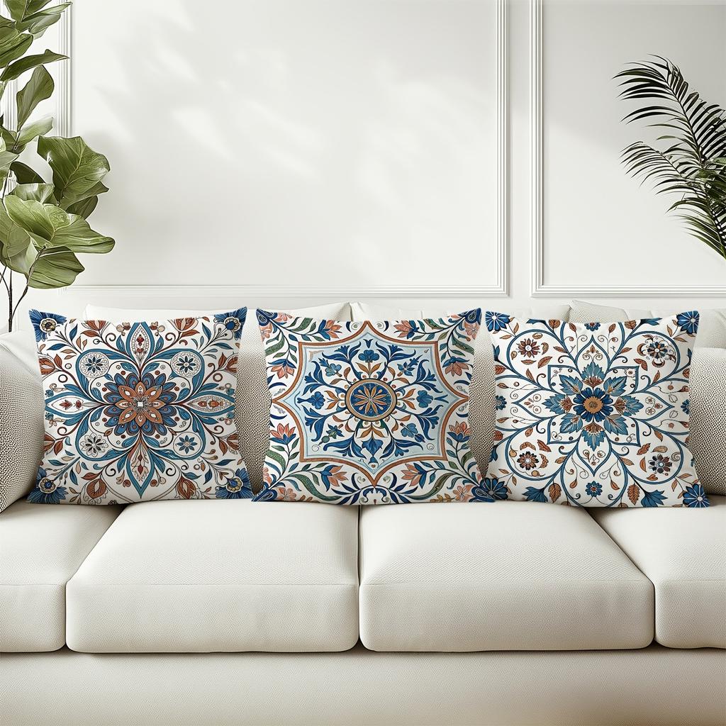Retro Tile - Inspired Floral Pillow CoversLiving Room Sofa Cushion Cover, Soft and Comfortable, Bedroom Room Decoration
