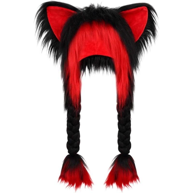 Sevimli Peluş Kedi Şapka, Örgülü Yumuşak Tüylü Hayvan Kulaklı Şapka Kışlık Sıcak Kulaklıklar Baş Maskesi Cosplay Aksesuarı