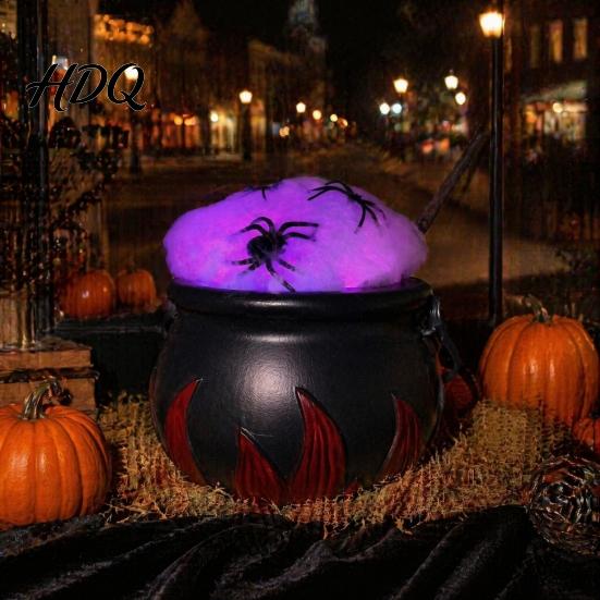 Dark Style Photo Prop Light Up Witch Cauldron DIY Set Halloween Glowing Black Plastic Bowl with Spiders Embossed Texture Spooky Hocus Pocus