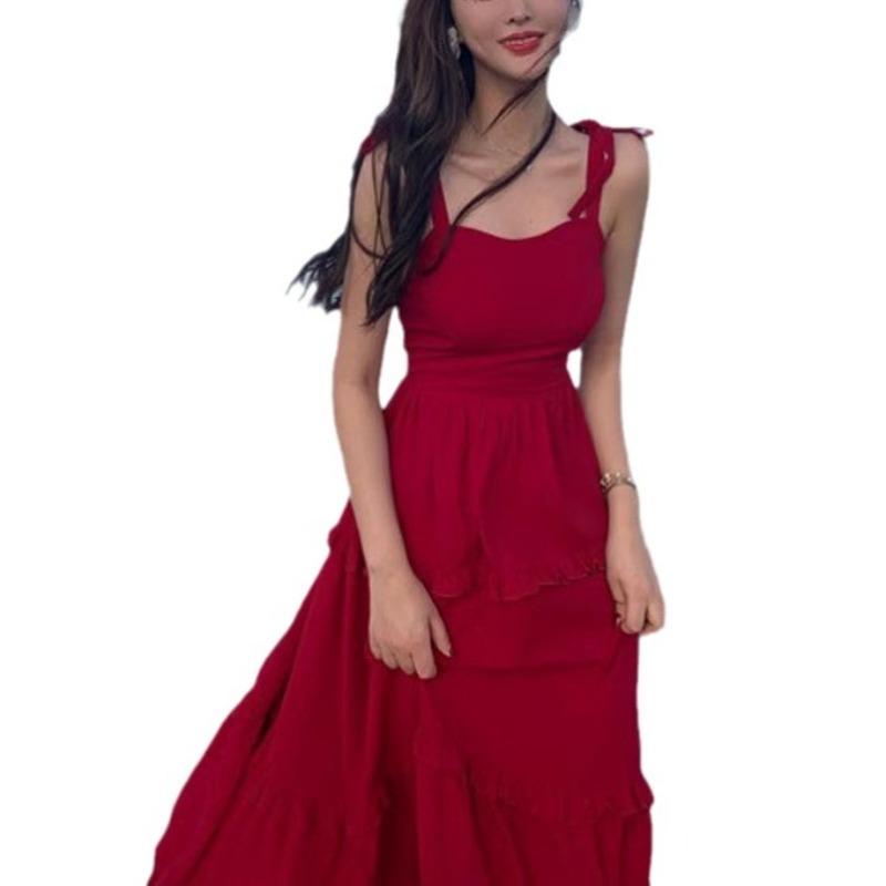 Seaside Vacation Red Suspender Dress for Women Xia Xin Super Fairy Long Dress Travel Suitable for Beach Dress