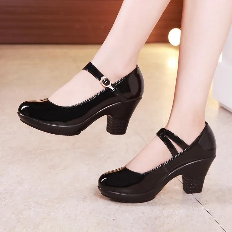 Small Size 32-43 Medium Block Heel Mary Janes Platform Pumps 2025 Fall Shallow Red Wedding Shoes Thick Bottom Dance Model Work