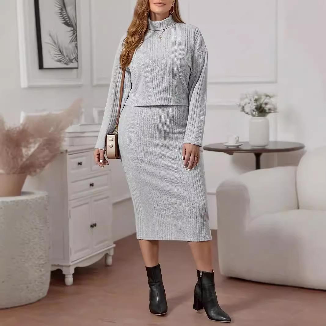 

Женский костюм больших размеров с длинным рукавом, однотонный трикотажный топ с воротником-стойкой и юбкой-халатом 3XL серый