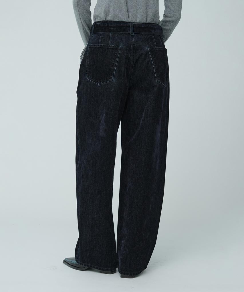 Muse Vitesse Curved Semi-Wide Buckle-Belted Denim Pants_Navy