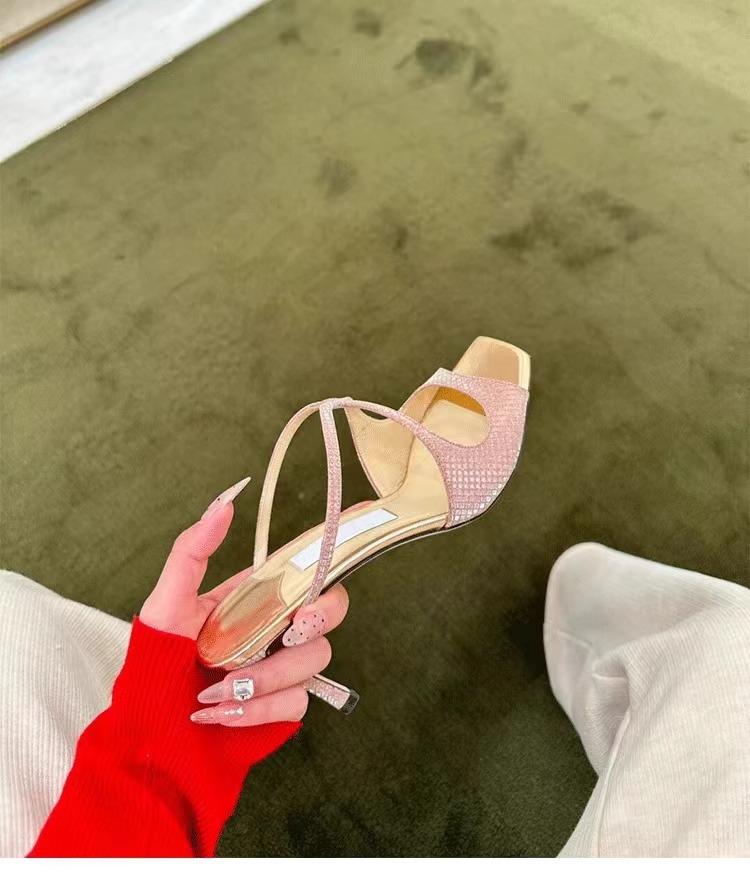 

2025 summer new Internet celebrity one-word buckle with square head sandals women s fish mouth gold stiletto open toe sexy high heels 42