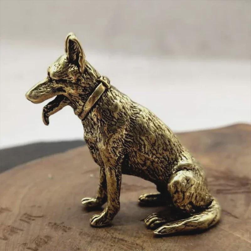 1PC Brass Metal Lucky Fortune Dog Corgi Statue Small Ornament Little Puppy Wolf Figurines Chinese Desktop Tea Pet Home Decoration
