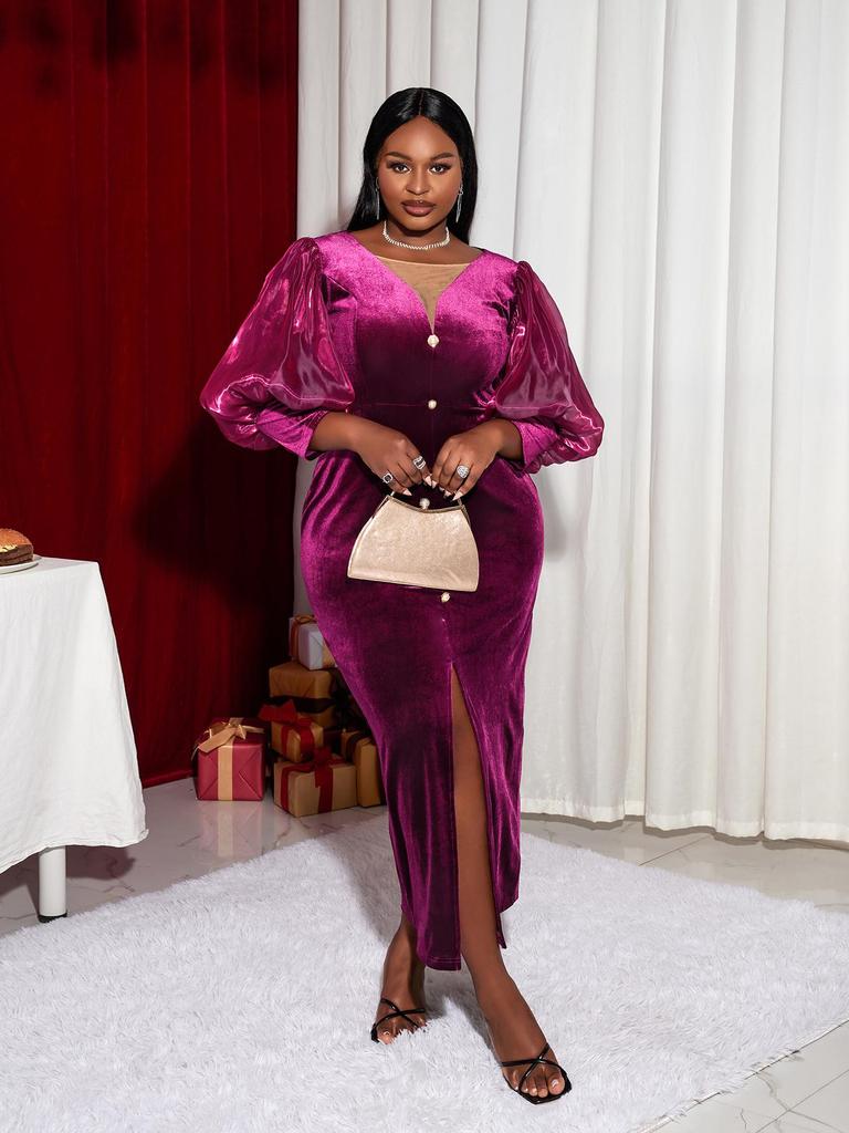 AOMEI Velvet Long Dress V კისრის Bodycon 3/4 ყდის Bodycoon კოქტეილის წვეულების კოსტიუმები პლუს ზომის კაბები ქალებისთვის