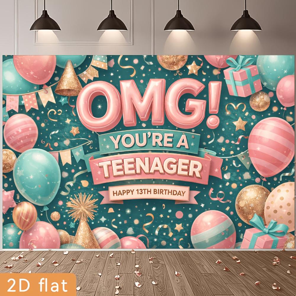 2D plane 13th birthday party banner background - OMG youth theme, with pink and blue balloons