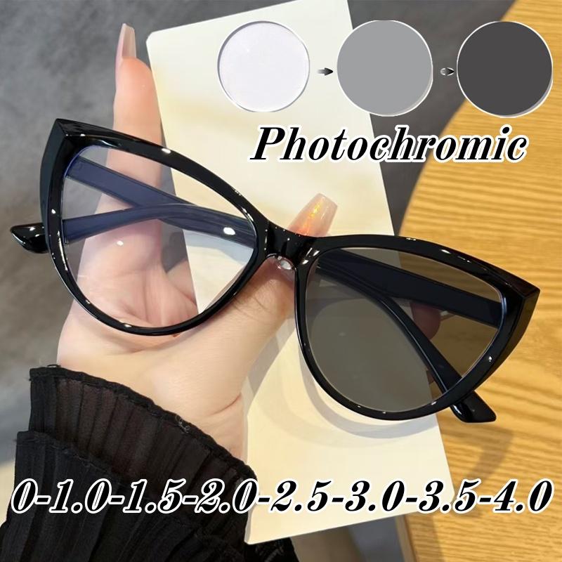 High Quality Cat Eye Pochromic Myopia Glasses Men Women Retro Discoloration Glasses Ladies Trendy Minus Diopter Eyewear