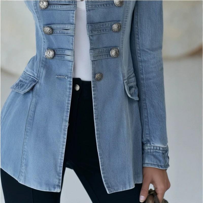Vintage Casual Womens Light Denim Jacket Decorative Button Slim Fit Fall Outerwear