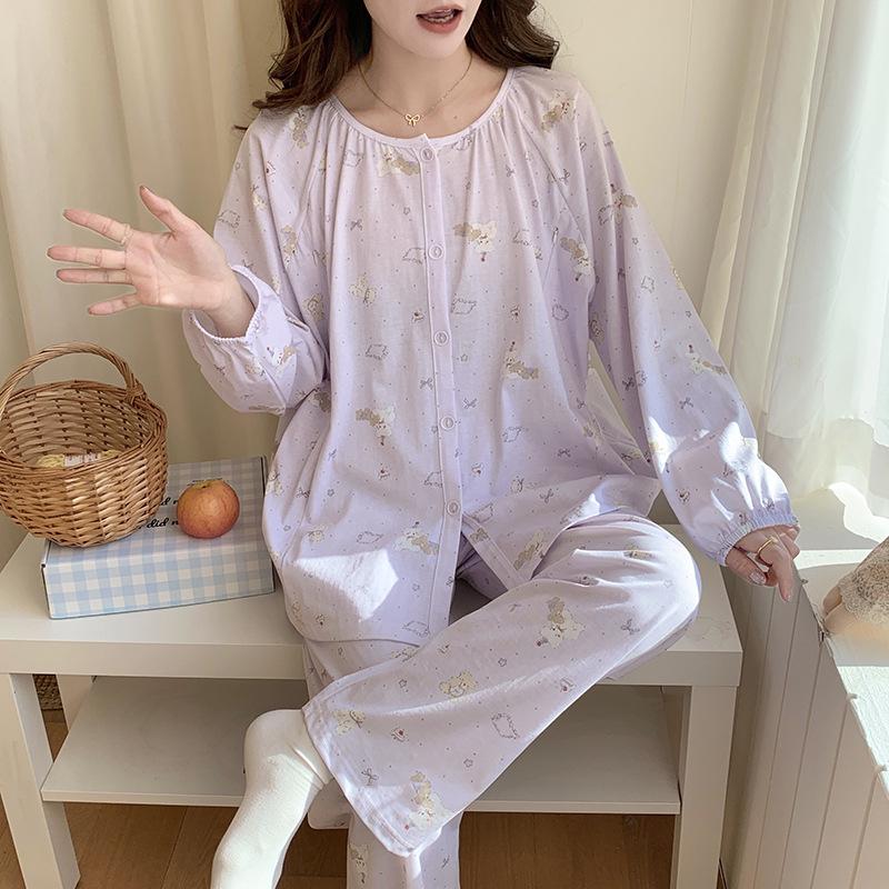 

A-Class 7A Antibacterial Pure Cotton Postpartum Pajamas with Adjustable Feeding Opening for Pregnant Women L - for 115-130 jin