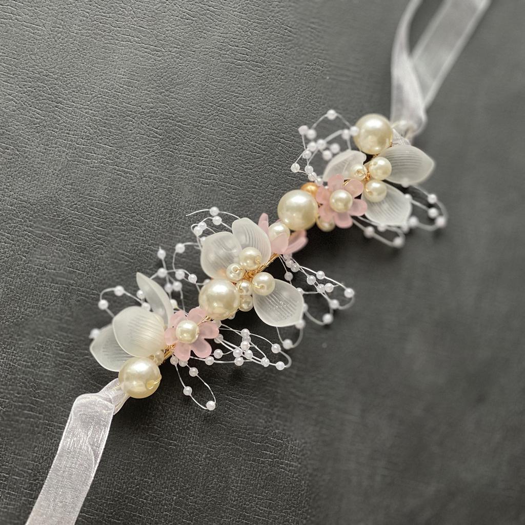 Bridal Wedding Girls Formal Dress Accessories Pearl Handmade Wrist Flower Bracelet Garland Set Headdress Hair
