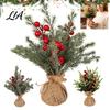 Desktop Holiday Decoration Miniature Christmas Tree with Red Berries, Artificial Mini Pine Burlap Berries Base, Tabletop Faux Small Potted for