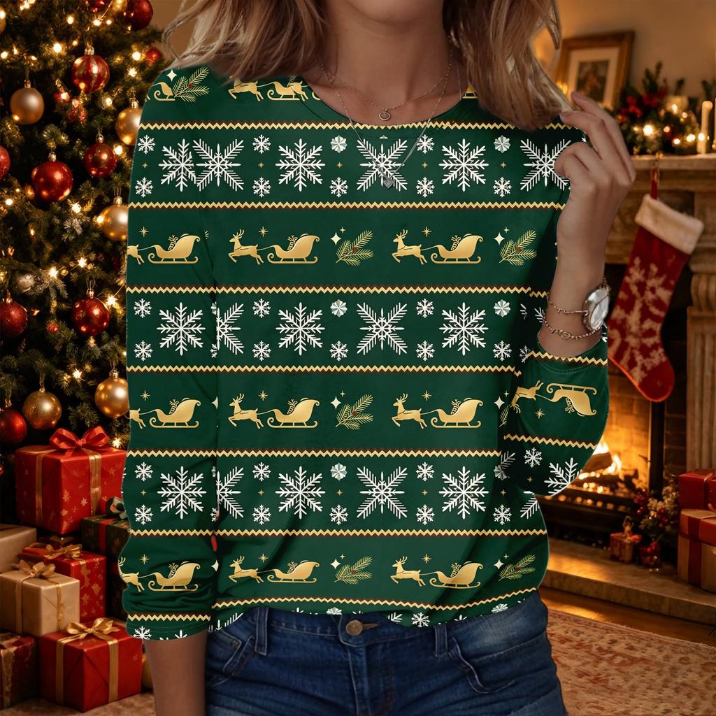 Women's Fashion Christmas Print Crewneck Long Sleeve Pullover Top, Casual Holiday Shirt