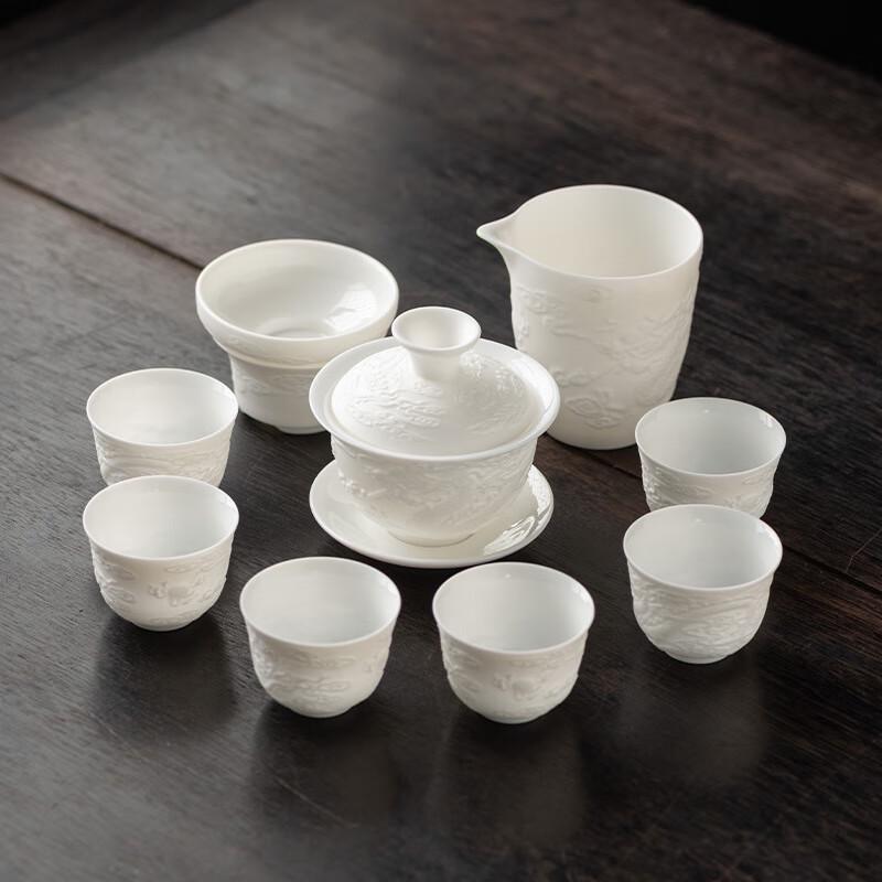 Jade-Inspired Embossed Dragon Ceramic Tea Set
