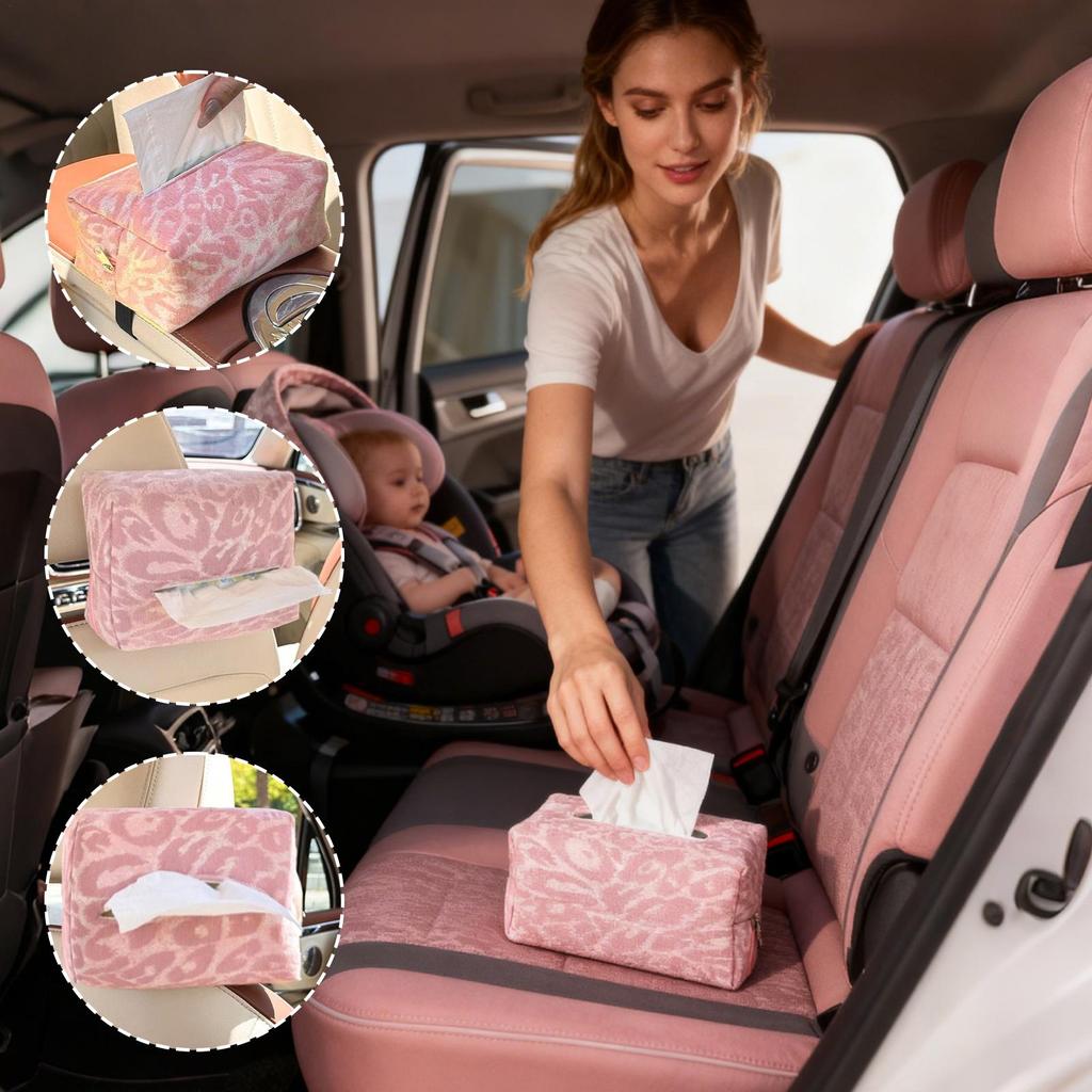 Universal Leopard Print Car Tissue Box Zippered Holder for Headrest or Dashboard Multifunctional Auto Organizer for All Vehicles