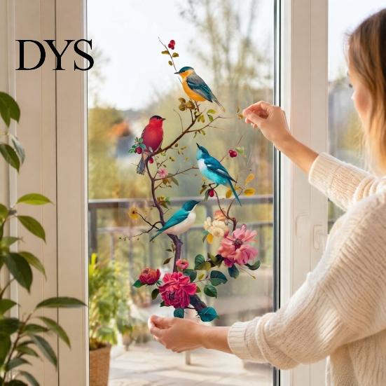 Creative Gifts for Window Decor Watercolor Bird And Flower Cling, Static PVC Waterproof Glass Sticker, Removable Art Pattern Stickers Decors,