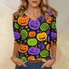 Women’s Casual V Neck Top with Three Quarter Sleeves and Halloween Themed Cat and Skull Floral Print for Everyday Wear
