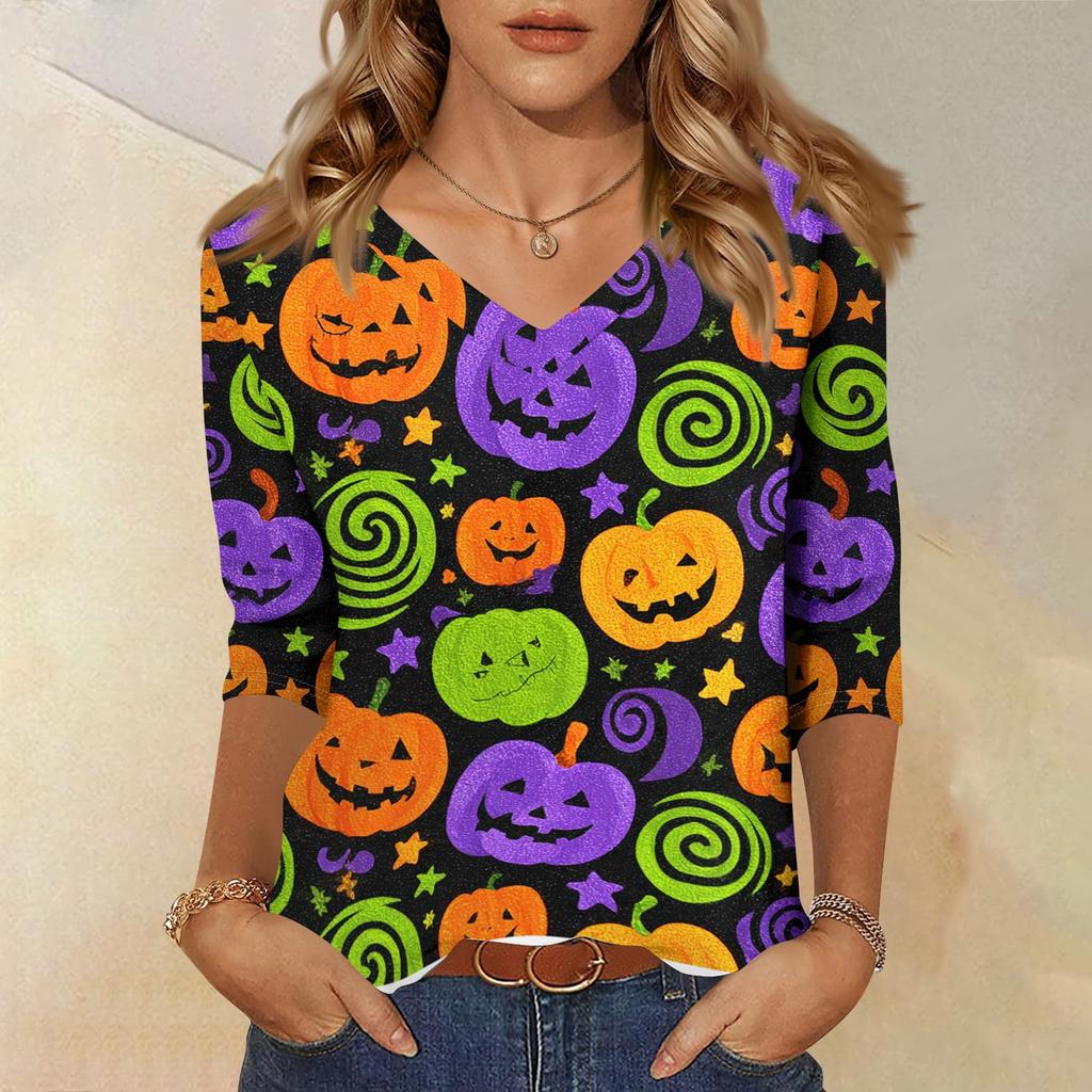 Women’s Casual V Neck Top with Three Quarter Sleeves and Halloween Themed Cat and Skull Floral Print for Everyday Wear