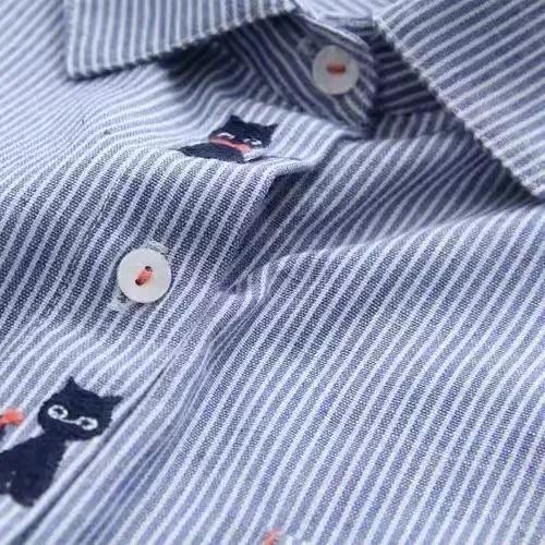 Jarní dámská klopová košile s vyšívaným vzorem, středně dlouhá pruhovaná košile s dlouhým rukávem