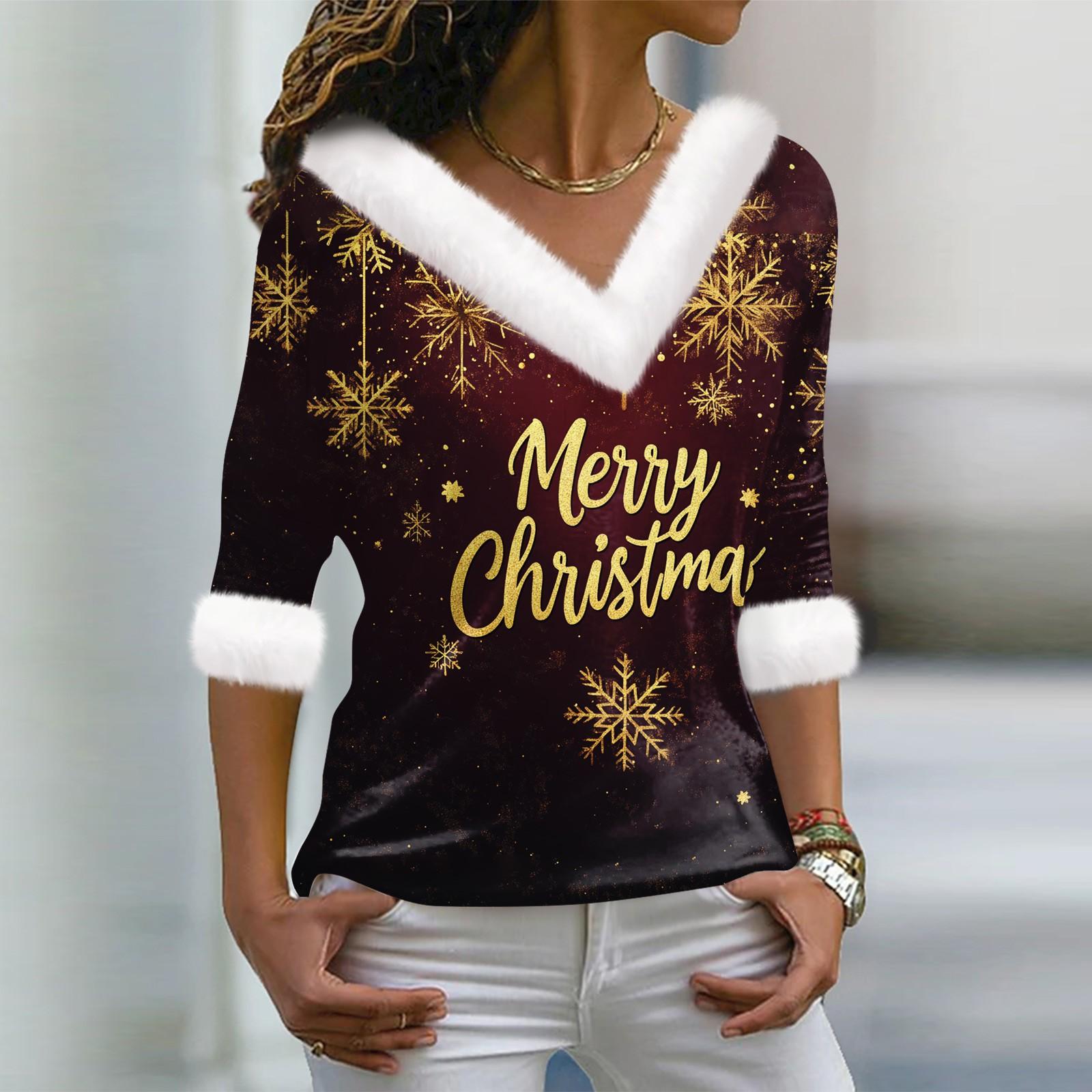 

Женская футболка с рождественским принтом, длинный рукав, флисовый воротник, V-образный вырез, футболка XXXL киноварь