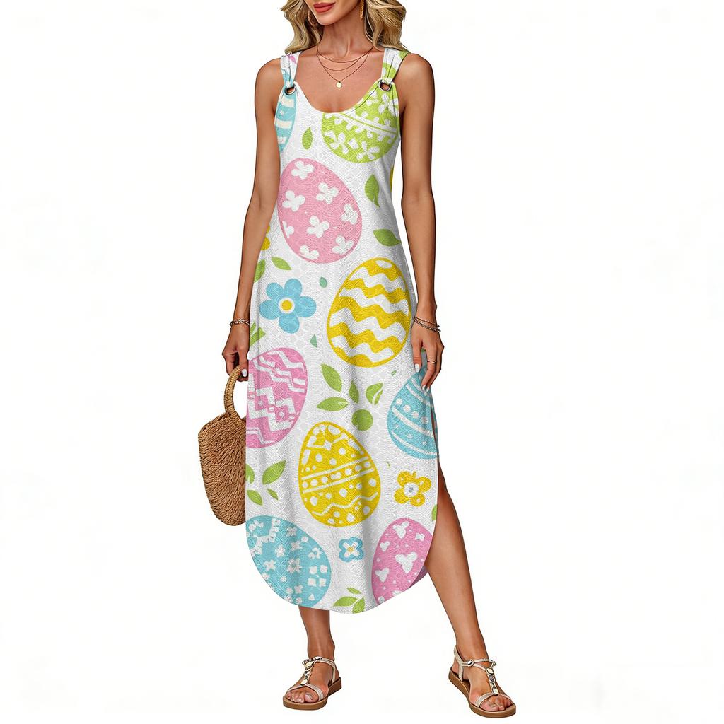 Robe d'été longue pour femme, sans manches avec fente latérale, longue robe débardeur imprimée pour Pâques
