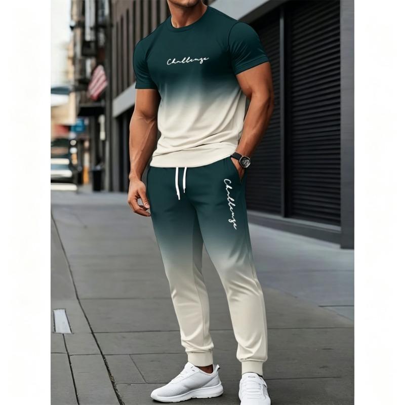 Men's Polyester Sportswear Regular Fit 2pcs Set | Patterned Short Sleeve T-Shirt and Long Pants